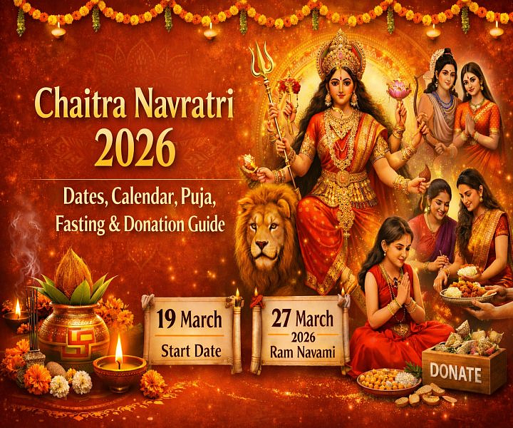 Chaitra Navratri 2026 poster with Goddess Durga and festival dates