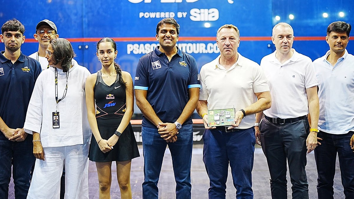 Parth Jindal (centre), founder of JSW Sports and IIS, along with Mathew Lattimore, founder and president of M Resources, launched the Squash Excellence Programme at the Indian Open finals. - X/Inspire Institute of Sport