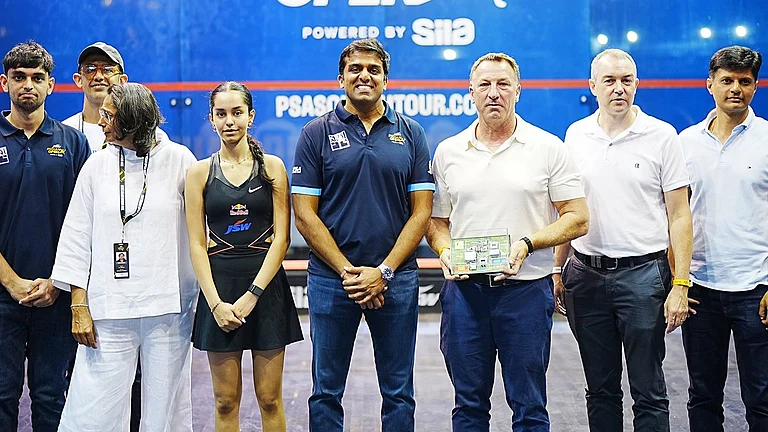 Parth Jindal (centre), founder of JSW Sports and IIS, along with Mathew Lattimore, founder and president of M Resources, launched the Squash Excellence Programme at the Indian Open finals. - X/Inspire Institute of Sport