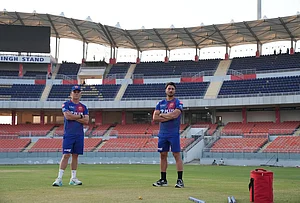 | Photo: Special Arrangement : Marcs Stoinis with Cooper Connolly during the PBKS training session at the New International Cricket Stadium, New Chandigarh.