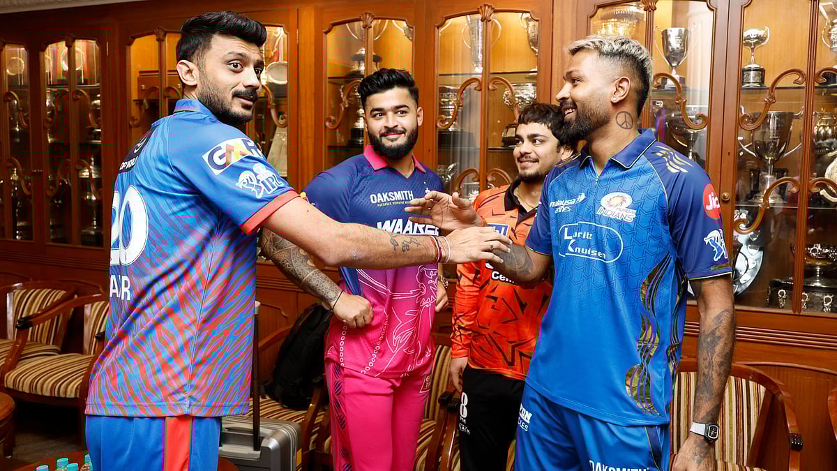 Indian Premier League team captains (from left) Axar Patel (Delhi Capitals), Riyan Parag (Rajasthan Royals), Ishan Kishan (Sunrisers Hyderabad, interim) and Hardik Pandya (Mumbai Indians) interact in Mumbai ahead of the meeting with the Board of Control for Cricket in India. - X/Indian Premier League