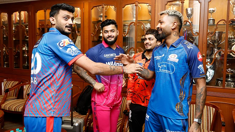 Indian Premier League team captains (from left) Axar Patel (Delhi Capitals), Riyan Parag (Rajasthan Royals), Ishan Kishan (Sunrisers Hyderabad, interim) and Hardik Pandya (Mumbai Indians) interact in Mumbai ahead of the meeting with the Board of Control for Cricket in India. - X/Indian Premier League