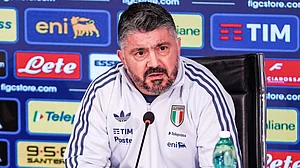 (Lapresse via AP) : Italy's head coach Gennaro Gattuso gestures during the Italian team press conference in Florence, Italy, Monday, March 23, 2026