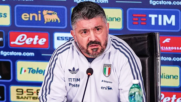 Italy's head coach Gennaro Gattuso gestures during the Italian team press conference in Florence, Italy, Monday, March 23, 2026 - (Lapresse via AP)