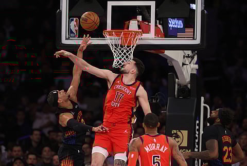 New York Knicks' Josh Hart (3) shoots the ball against New Orleans Pelicans' Karlo Matkovic (17) during the second half of an NBA basketball game in New York.