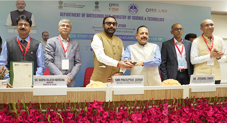 Indian officials at an event announcing a clinical study on Ayurveda as an adjunct therapy for TB
