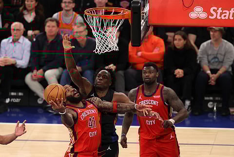 New Orleans Pelicans' Saddiq Bey (41) shoots the ball against New York Knicks' OG Anunoby (8) during the second half of an NBA basketball game in New York.