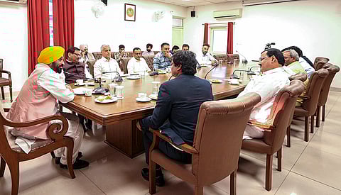 Punjab Chief Minister Bhagwant Mann and others during a meeting over the upcoming Asian Champions Trophy, which will be hosted by the state in October this year, in Chandigarh. 