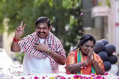 Leader of Opposition in the Tamil Nadu Assembly and AIADMK chief Edappadi K Palaniswami with BJP leader and former Telangana governor Tamilisai Soundararajan during an election roadshow at the Mylapore constituency, ahead of the state Assembly elections, in Chennai district.