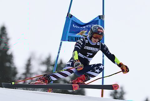 United States' Mikaela Shiffrin competes in an alpine ski, women's giant slalom race, at the Lillehammer World Cup Finals, in Hafjell, Norway.