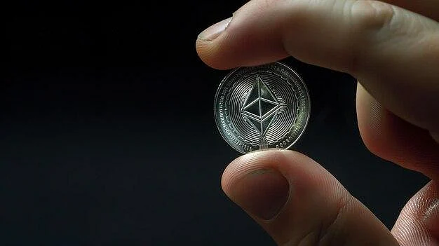 Hand holding a silver Ethereum coin