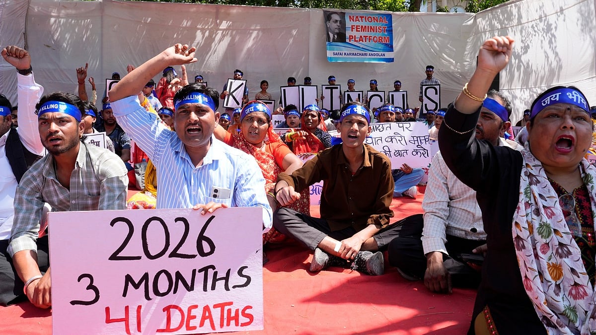Safai Karamchari Andolan (SKA), along with hundreds of safai karamcharis from nearly 10 states were gathered at Jantar Mantar in New Delhi to express their pain and anguish and to demand justice.
 - Photo: Suresh K Pandey