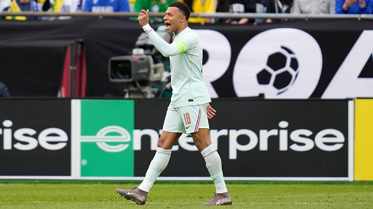 Kylian Mbappe of France gestures during the international friendly soccer match between Brazil and France in Foxborough, Mass, Thursday, March 26, 2026 - (AP Photo/Charles Krupa)