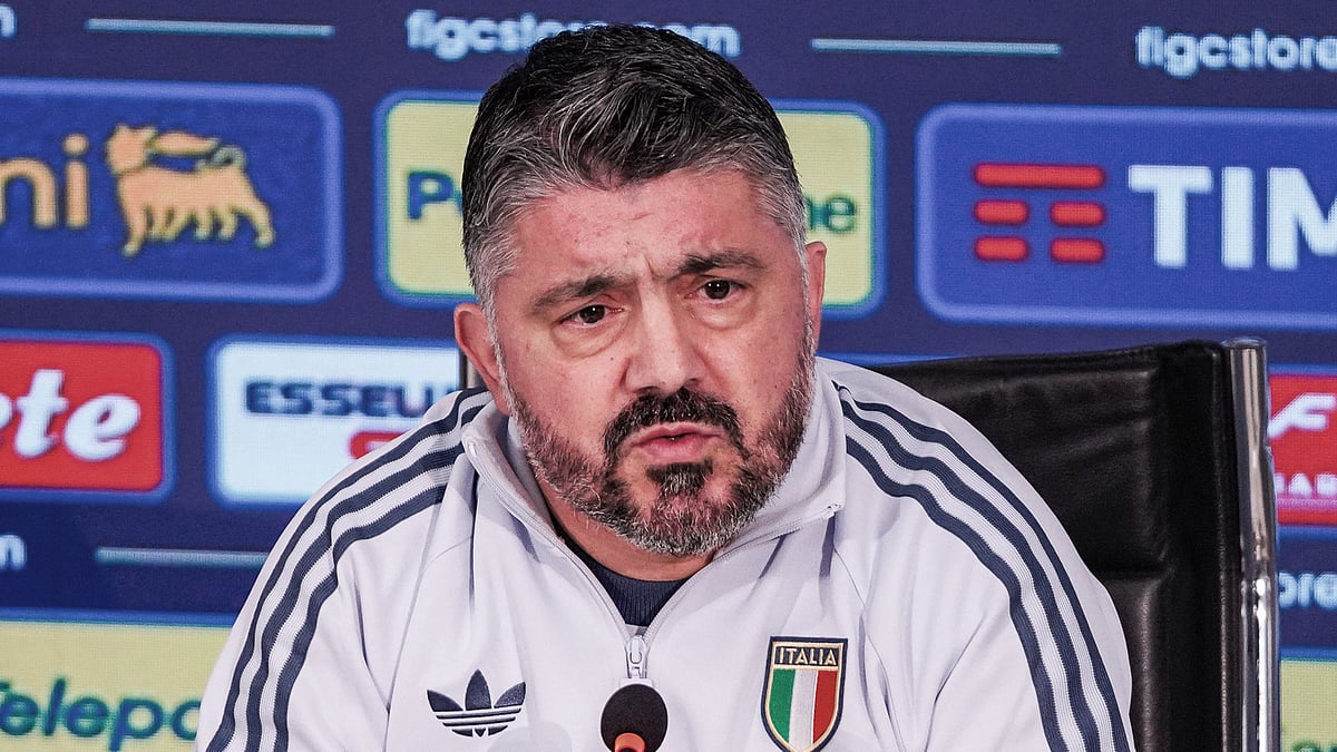 Italy's coach Gennaro Gattuso speaks during a press conference for the men's national soccer team, Wednesday, March 25, 2026, in Florence, Italy. - LaPresse via AP