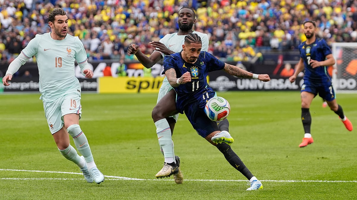 Brazil's Raphinha takes a shot during the international friendly soccer match between Brazil and France in Foxborough, Mass, Thursday, March 26, 2026 - (AP Photo/Charles Krupa)