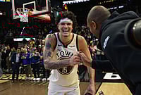 | Photo: AP/Jed Jacobsohn : Golden State Warriors forward Gui Santos (15) celebrates with teammate Al Horford, right, after an NBA basketball game against the Brooklyn Nets in San Francisco.