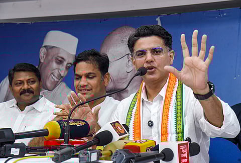 AICC General Secretary Sachin Pilot addresses a press conference ahead of the Kerala Legislative Assembly Elections, at Kochi DCC office, in Ernakulam district, Kerala.