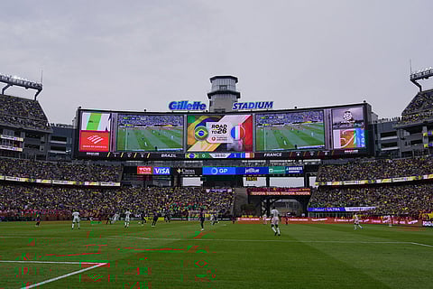 A general view of play during the international friendly soccer match between Brazil and France in Foxborough, Mass.