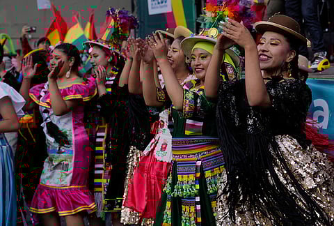 Bolivia fans cheer before the start of the match against Suriname in a World Cup 2026 playoff semifinal soccer match held in Mexico, in La Paz, Bolivia.