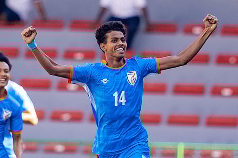 Vishal Yadav celebrating after scoring goal against Pakistan in SAFF U20 Championships 2026.