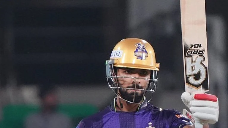 Shamyl Hussain celebrating his half-century against Karachi Kings in PSL 2026. - thepslt20/X