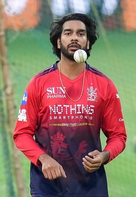 Royal Challengers Bengaluru’s Venkatesh Iyer during a practice session ahead of the Indian Premier League (IPL) 2026 cricket match against Sunrisers Hyderabad, at M. Chinnaswamy Stadium in Bengaluru.