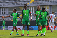 Iran Vs Nigeria, FIFA International Friendly: Team Melli Players Remember Victims Of War, Hold Children's Schoolbags | Photo: AP/Riza Ozel : Nigeria's players celebrate after teammate Akor Adams scored their side's second goal during a friendly soccer match between Iran and Nigeria in Antalya, southern Turkey.
