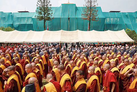 Buddhist monks during a swearing-in ceremony of the newly appointed Nepal's Prime Minister Balendra Shah, at the President’s residence, in Kathmandu, Nepal.