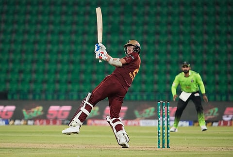 Hyderabad Kingsmen Riley Meredith bats during the opening cricket match of the Pakistan Super League between Lahore Qalandars and Hyderabad Kingsmen, which taking place without spectators, in Lahore, Pakistan.