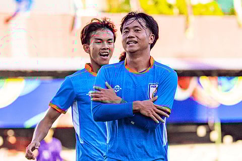 Omang Dodum celebrating after scoring goal against Pakistan in SAFF U20 Championships 2026.