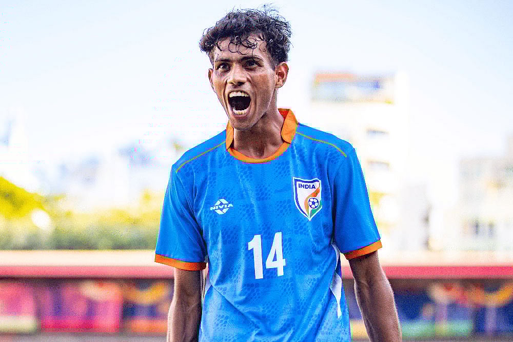 Vishal Yadav celebrating after scoring goal against Pakistan in SAFF U20 Championships 2026.  - | Photo: Special Arrangement