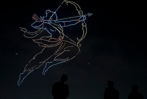 An illuminated view from the drone show organised by the Maharashtra’s Tourism and Cultural Affairs Department, in Mumbai.