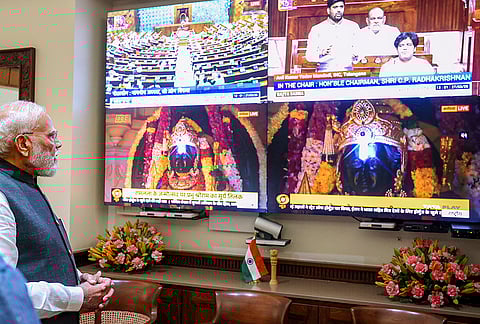 Prime Minister Narendra Modi virtually observes the Budget session of Parliament along with the 'Surya Tilak' ceremony at the 'Shree Ramjanmbhumi Temple Ayodhya'. 