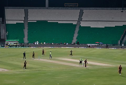 A view of the Gaddafi Stadium, where opening cricket match of the Pakistan Super League between Lahore Qalandars and Hyderabad Kingsmen, is taking place without spectators, in Lahore, Pakistan.
