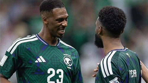 Saudi Arabia footballers celebrating a goal against Palestine.  - SaudiNT_EN/X