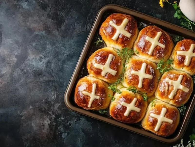 Freshly baked hot cross buns in a pan