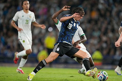 Argentina's Nicolas Paz dribbles during a friendly match against Mauritania in Buenos Aires, Argentina.