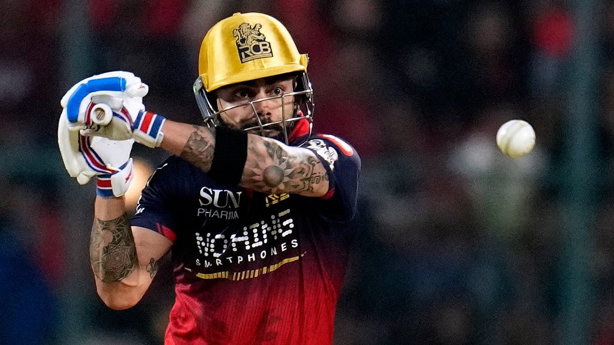 Royal Challengers Bengaluru's Virat Kohli plays a shot during the Indian Premier League cricket match between Royal Challengers Bengaluru and Sunrisers Hyderabad in Bengaluru, India, Saturday, March 28, 2026.  - AP Photo/Aijaz Rahi