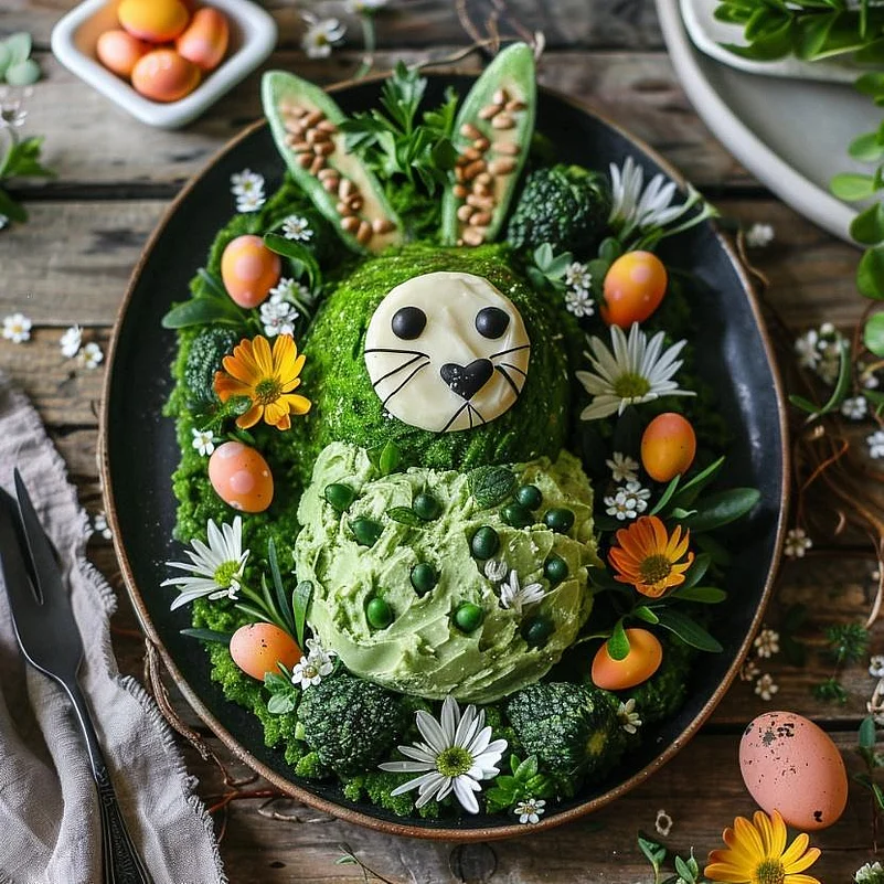 Green bunny-shaped appetizer with flowers and eggs