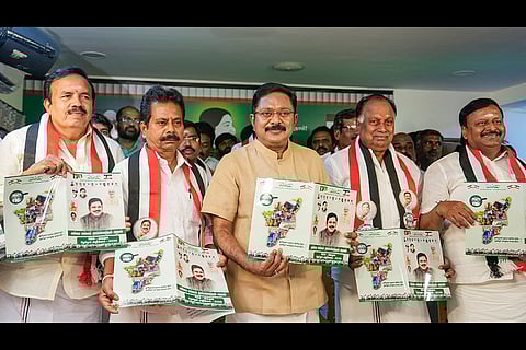 Amma Makkal Munnetra Kazhagam (AMMK) General Secretary TTV Dhinakaran releases the party's manifesto during a press conference, in Chennai, Tamil Nadu.