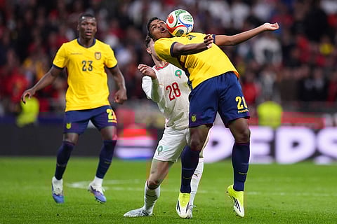 Ecuador's Alan Franco receives the ball during a friendly soccer match between Morocco and Ecuador in Madrid, Spain.