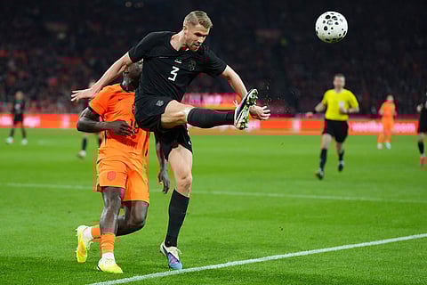 Norway's Brian Brobbey, right, and Netherlands' Brian Brobbey challenge for the ball during the international friendly soccer match between the Netherlands and Norway in Amsterdam, Netherlands.