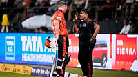 (AP Photo/Aijaz Rahi) : Sunrisers Hyderabad's Heinrich Klaasen, left, unhappy with the third umpire's decision for his wicket, has a word with the fourth umpire during the Indian Premier League cricket match between Royal Challengers Bengaluru and Sunrisers Hyderabad in Bengaluru, India, Saturday, March 28, 2026