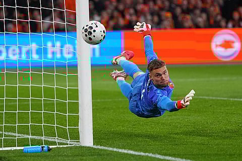 Netherlands' goalkeeper Bart Verbruggen in action during the international friendly soccer match between the Netherlands and Norway in Amsterdam, Netherlands.