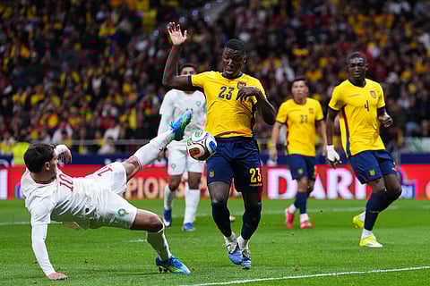 Ecuador's Moises Caicedo, right, and Morocco's Brahim Abdelkader Díaz pfp during a friendly soccer match between Morocco and Ecuador in Madrid, Spain.
