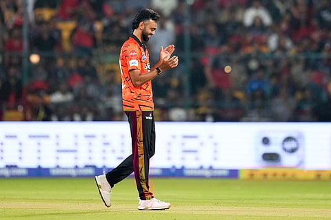 Sunrisers Hyderabad's Jaidev Unadkat celebrates the wicket of Royal Challengers Bengaluru's Phil Salt during the Indian Premier League cricket match between Royal Challengers Bengaluru and Sunrisers Hyderabad in Bengaluru, India.