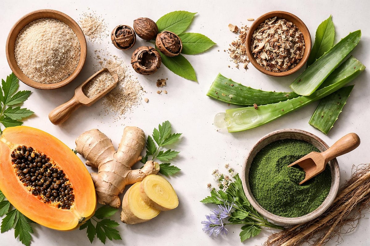 Fresh papaya, ginger, aloe, and herbal powders