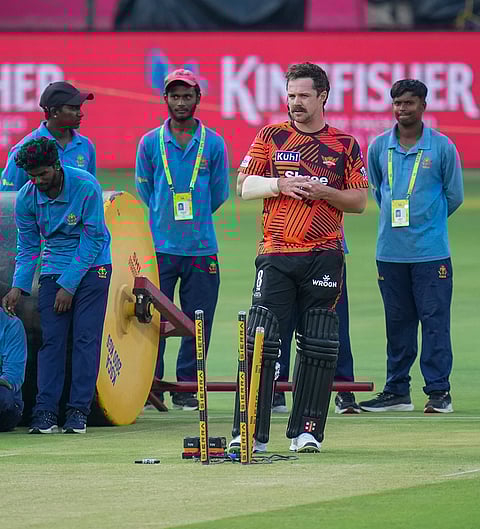 Sunrisers Hyderabad’s Travis Head during a practice session on the eve of the Indian Premier League (IPL) 2026 cricket match against Royal Challengers Bengaluru, at M Chinnaswamy Stadium in Bengaluru, Karnataka.
