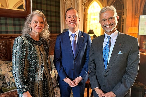 In this image posted on March 28, 2026, Union External Affairs Minister S Jaishankar, right, with US Ambassador to India Sergio Gor, centre, and others, during the G7 Ministerial Meetings, in France.