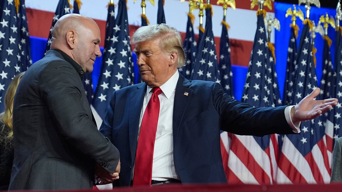 FILE - Donald Trump talks with UFC CEO Dana White at an election night watch party at the Palm Beach Convention Center, Nov. 6, 2024, in West Palm Beach, Fla.
 - (AP Photo/Evan Vucci, File)
